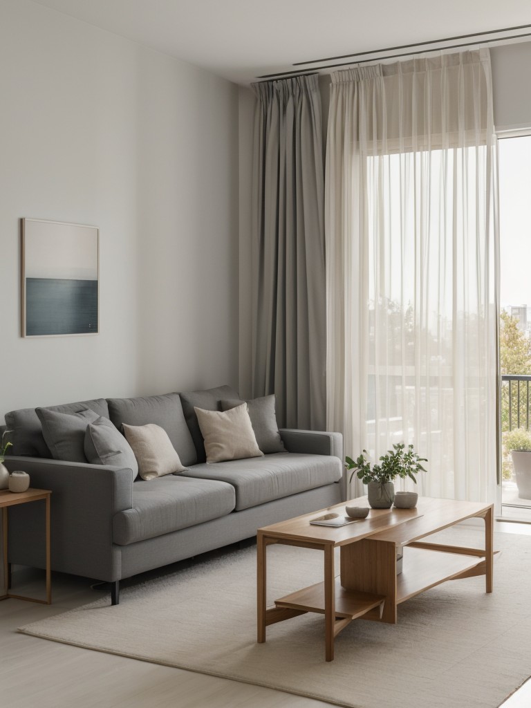 Designing a spacious and open bachelor apartment layout, with minimal interior walls, flowy curtains, and a well-defined color palette to create a sense of fluidity.