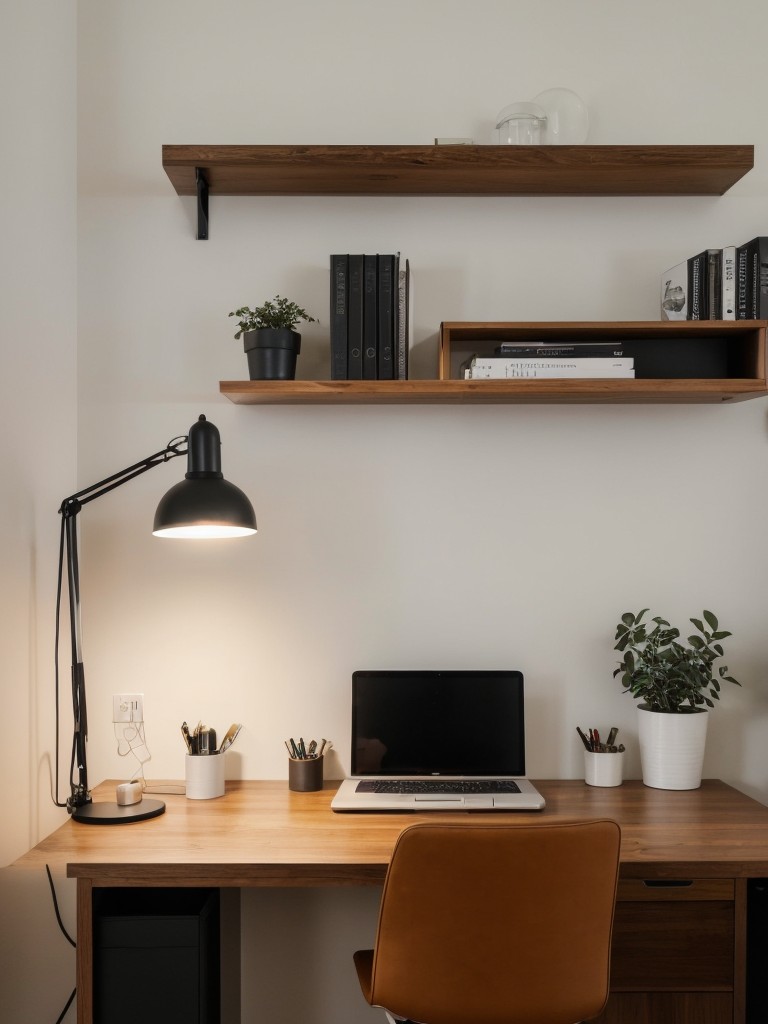 Designing a stylish and functional workspace within a bachelor apartment, with a comfortable desk setup, efficient storage solutions, and good lighting.