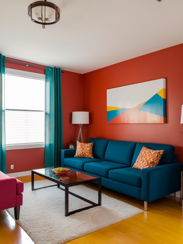 Incorporating a bold and vibrant color scheme into a bachelor apartment, with statement furniture pieces, colorful accents, and unique artwork.