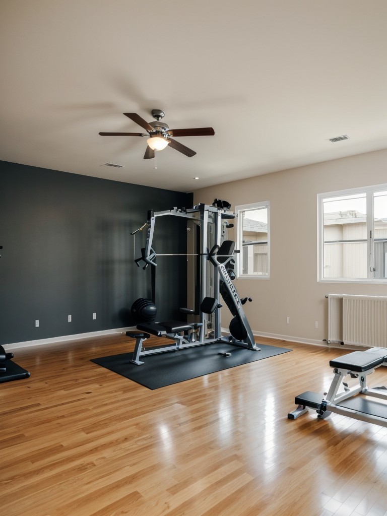 Incorporating a home gym or fitness area into a bachelor apartment, featuring space-saving exercise equipment, dedicated storage for workout gear, and a comfortable stretching area.