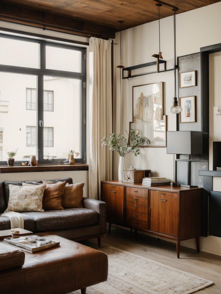 Incorporating a mix of vintage and modern elements in the decor of a bachelor apartment, combining retro furniture, vintage artwork, and contemporary finishes.