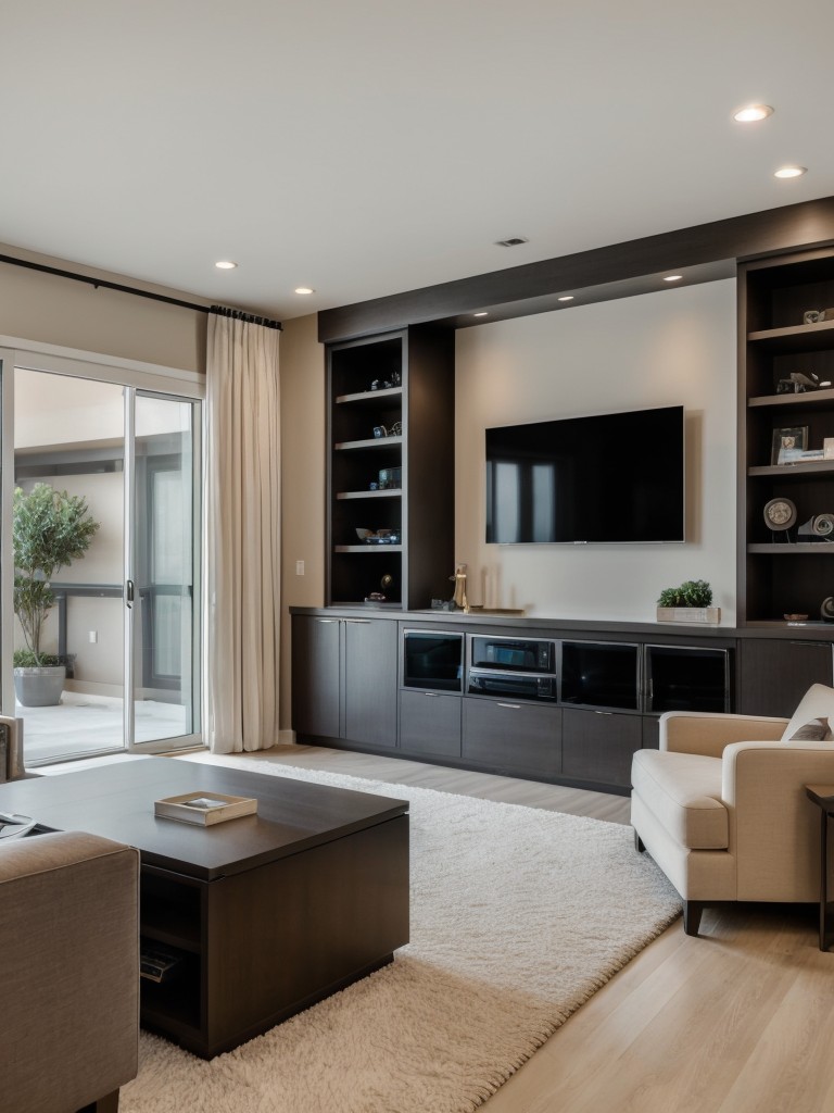 Incorporating tech-savvy features into a bachelor apartment, like smart home automation systems, integrated sound systems, and personalized media centers.