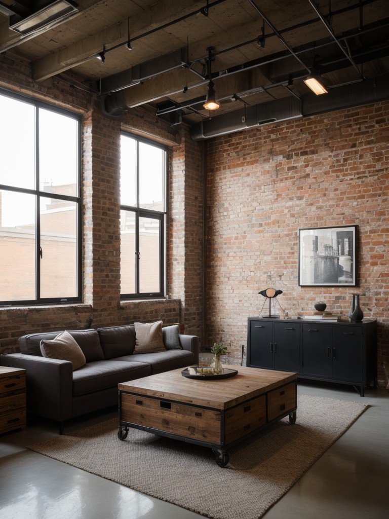 Incorporating an urban loft style into a bachelor apartment, with exposed brick walls, open floor plans, industrial lighting fixtures, and contemporary artwork.