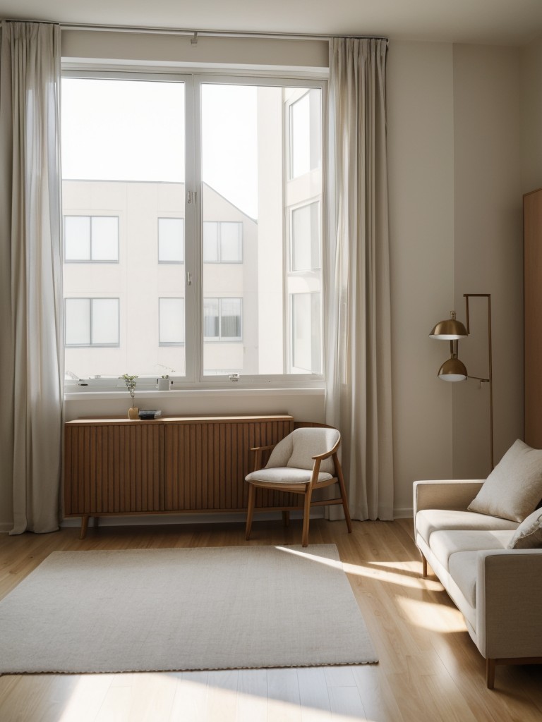 Maximizing natural light in a bachelor apartment with large windows, light-colored furniture and finishes, and strategically placed mirrors to enhance the sense of space.