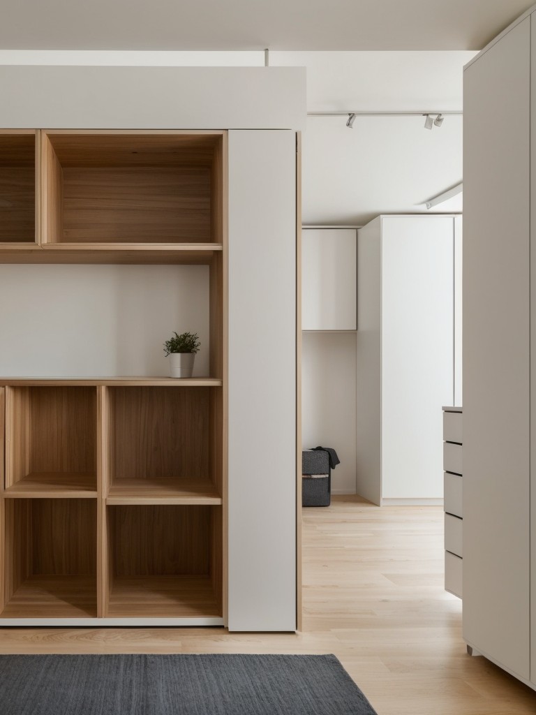 Maximizing space in a compact bachelor apartment with clever storage solutions such as multifunctional furniture, built-in shelving, and hidden compartments.