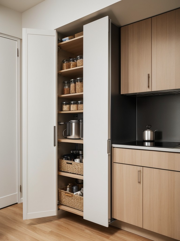 Utilizing space-saving solutions in a small bachelor apartment, such as compact kitchen appliances, folding furniture, and creative storage options.