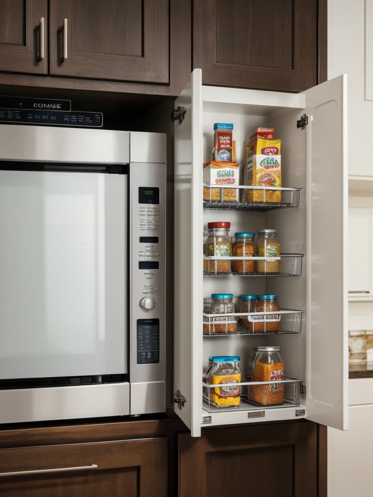 Convert a cabinet or pantry into a hidden microwave storage area with a pull-out shelf.