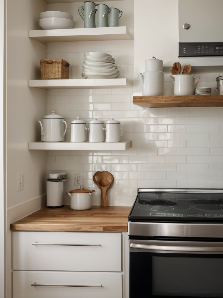 Create a dedicated microwave station by installing a shelf above the countertop with room for utensils and cookbooks.