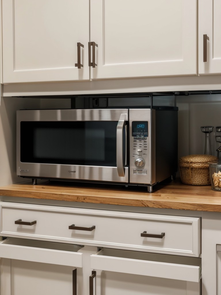 Incorporate a microwave stand with built-in storage cabinets or drawers.