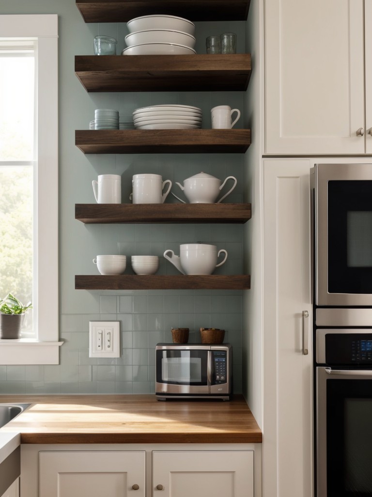 Maximize wall space by adding a floating shelf above the microwave for additional storage.