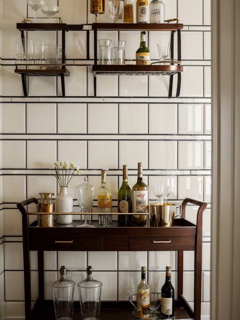 creating a mid century bar area with a vintage bar cart, a collection of retro glassware, and a bold wallpaper or tile backsplash for a glamorous and stylish gathering spot.