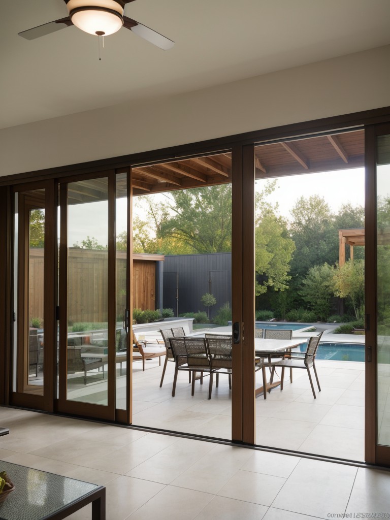 creating a seamless indoor-outdoor flow with large windows, sliding glass doors, and a mid century modern patio furniture set for outdoor entertaining.