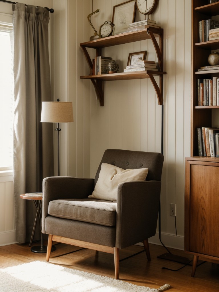 designing a cozy reading nook with a vintage-inspired armchair, a built-in bookshelf, and a Mid century modern floor lamp for a quiet and relaxing escape.