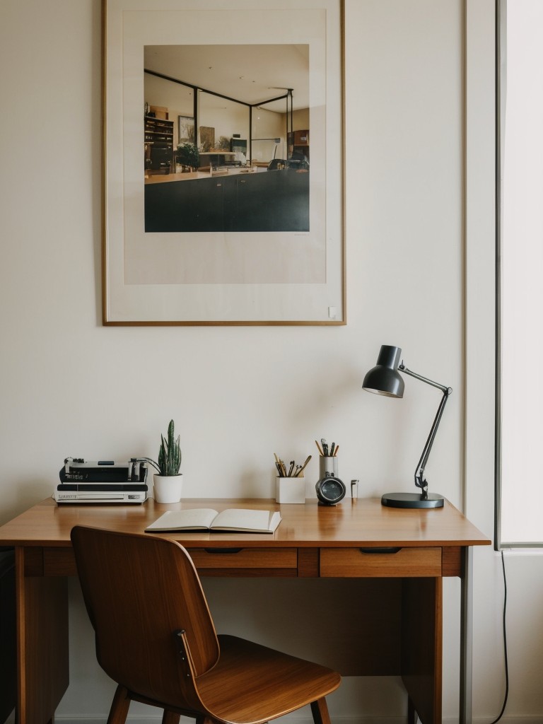 designing a dedicated workspace with a mid century modern desk, a vintage typewriter, and a statement chair for inspiration and productivity.