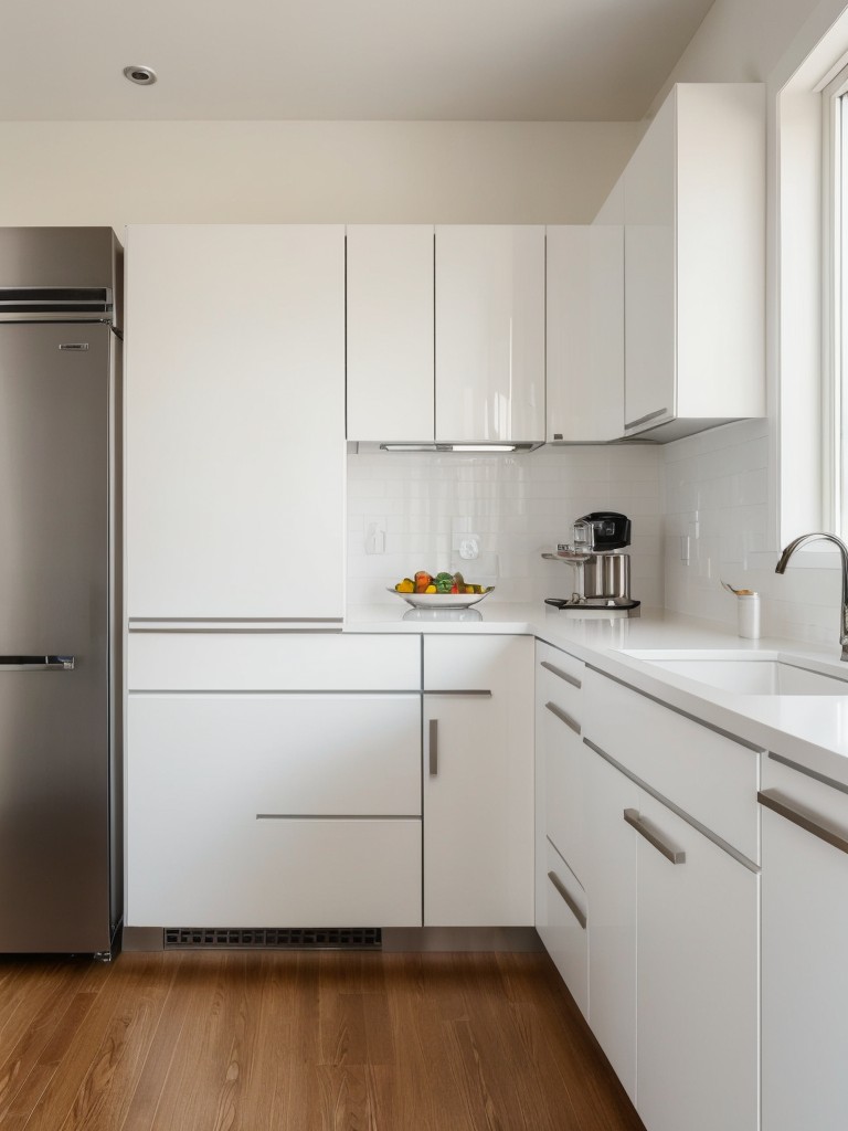 designing an open-concept kitchen with sleek white cabinets, stainless steel appliances, and a retro-inspired Smeg refrigerator, for a modern yet nostalgic vibe.