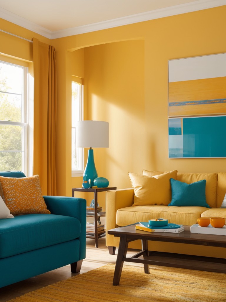 embracing vibrant accent colors like mustard yellow, teal blue, and burnt orange, to add a playful and energetic vibe to the space.