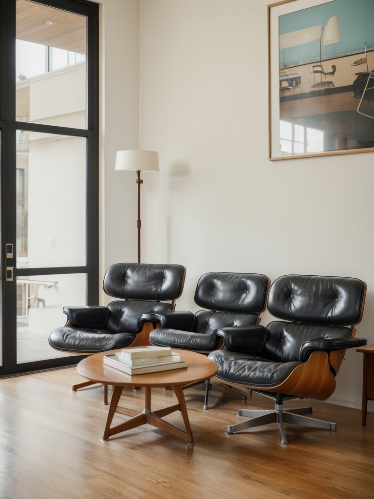 featuring iconic mid century furniture designs like the Eames Lounge Chair, Noguchi Coffee Table, and Arne Jacobsen Egg Chair, for a touch of mid century authenticity.