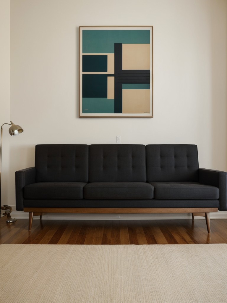 hanging large-scale art pieces or gallery walls with mid century modern themes, showcasing iconic illustrations, prints, or photography from the era.