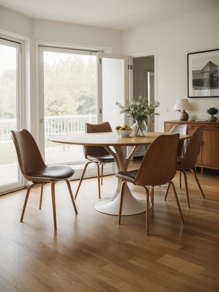 incorporating organic and curved shapes in furniture pieces like a Warren Platner dining table, Eero Saarinen Tulip Chairs, or a Finn Juhl Chieftain chair, for a softer and more inviting feel.