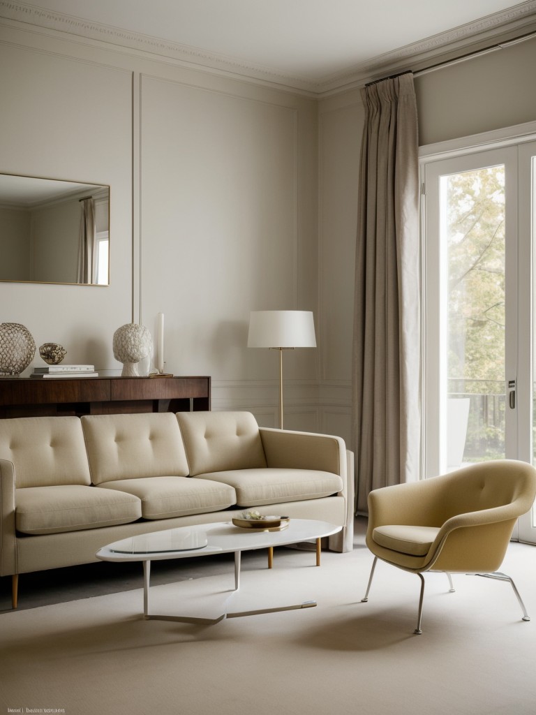 incorporating statement furniture pieces like a George Nelson Marshmallow Sofa, Eero Saarinen Womb Chair, or a Florence Knoll sofa, for a touch of luxury and sophistication.