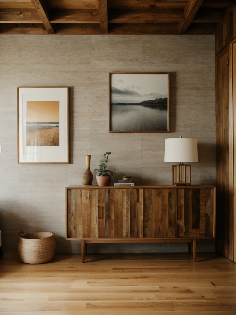 using natural or reclaimed wood for flooring and accent walls, adding warmth and texture to the space while staying true to the organic design principles of mid century modernism.