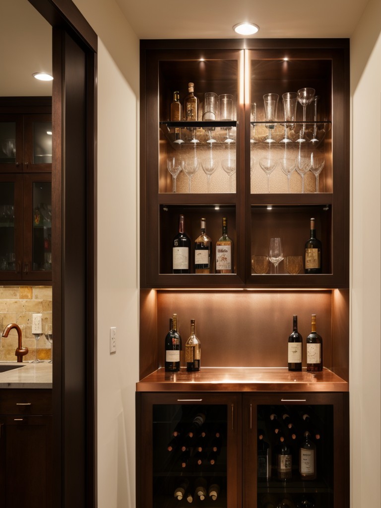 Consider installing a unique and eye-catching bar feature in your apartment, such as a custom-designed floating copper bar top or a suspended glass wine cellar for a statement mini bar design.