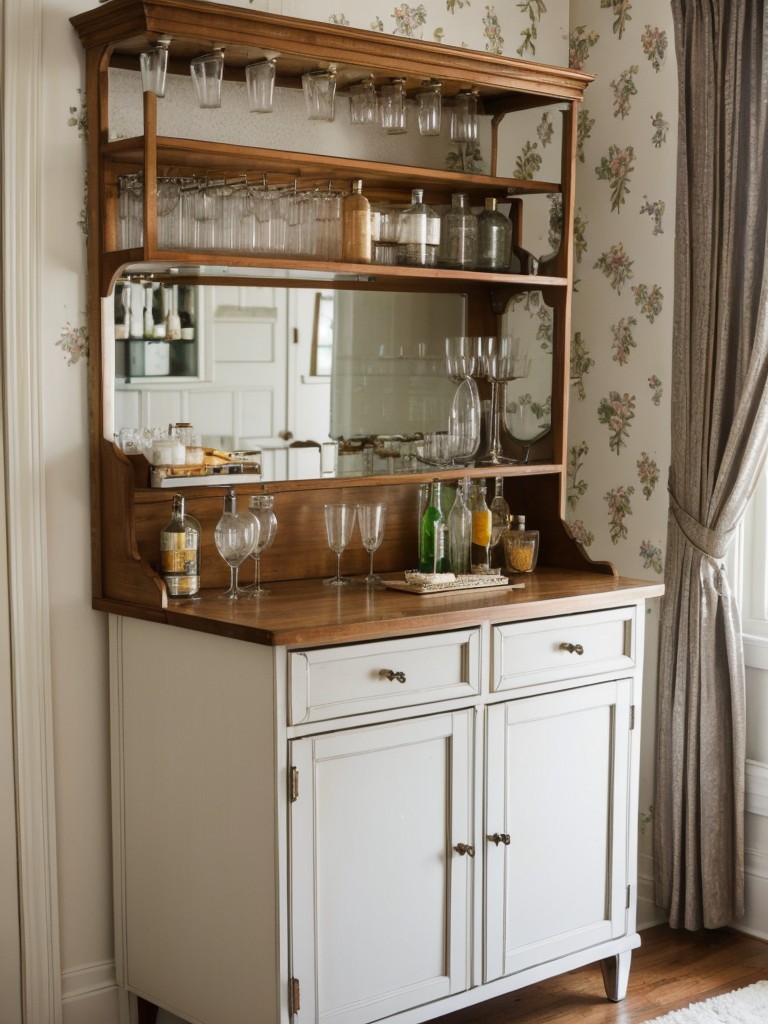 Create a charming and vintage mini bar in your apartment by repurposing an old dresser, adding a mirrored tray for bar accessories, and using decorative wallpaper to line the back.