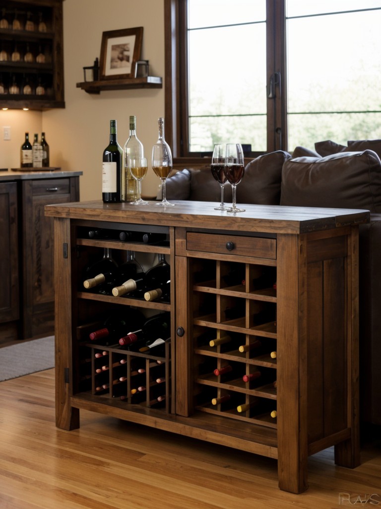 Create a cozy and rustic mini bar in your apartment by repurposing an old console table and adding a wine rack and open shelves for displaying your liquor collection.