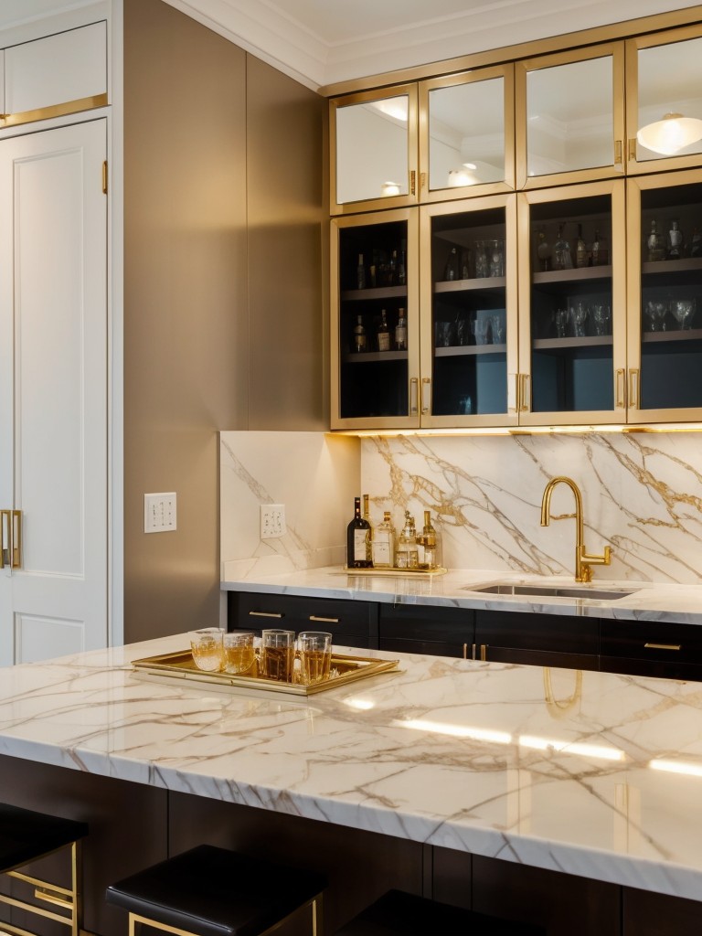 Create a luxurious mini bar in your apartment by using marble countertops, a mirrored backsplash, and gold accents for a chic and elegant atmosphere.