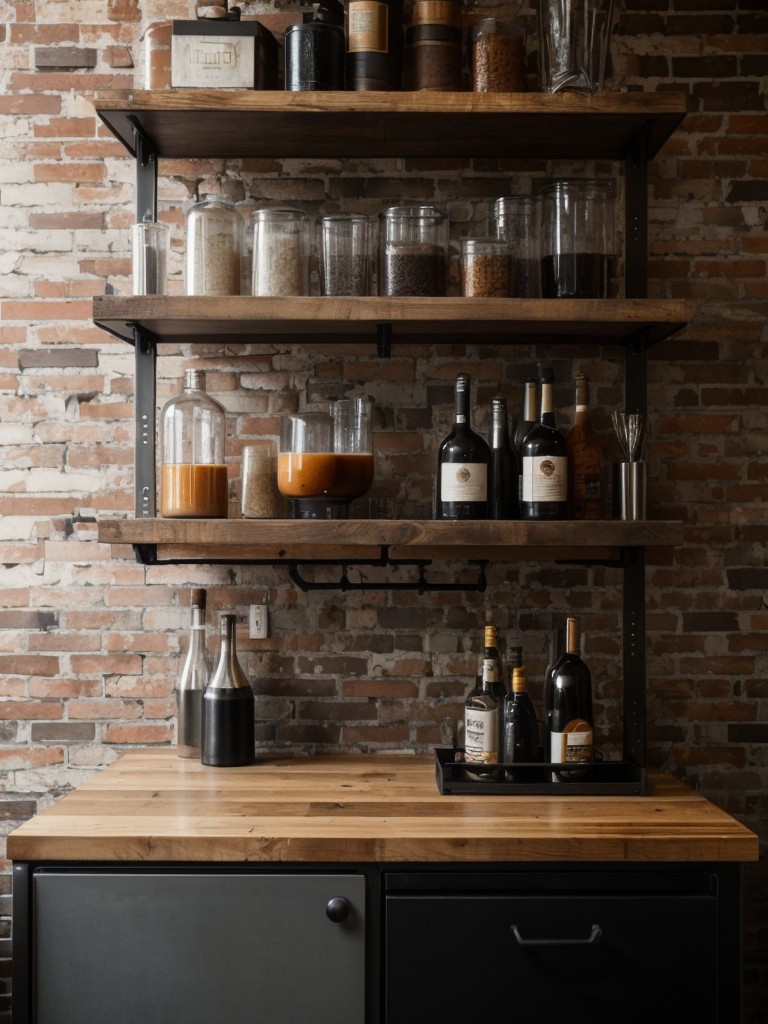 Design a modern-industrial mini bar in your apartment by using exposed brick walls, black metal shelving, and reclaimed wooden countertops to create an urban and edgy aesthetic.