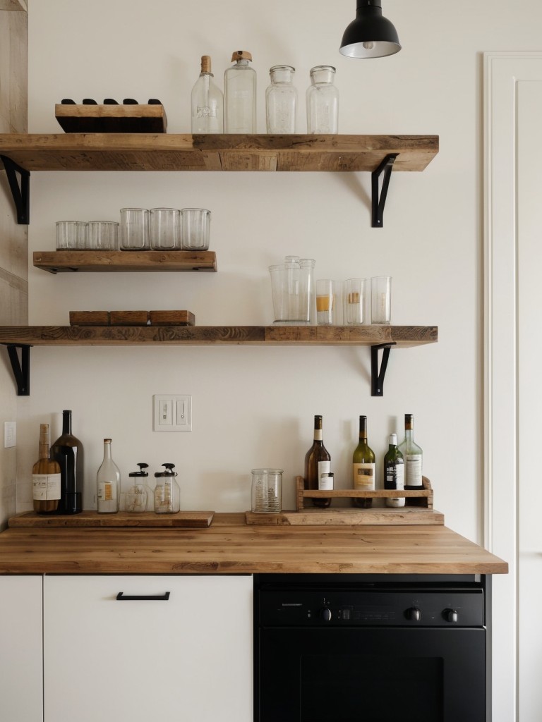 Design a Scandinavian-inspired mini bar in your apartment by using reclaimed wood, minimalist shelves, and a neutral color palette for a modern and minimalist twist.