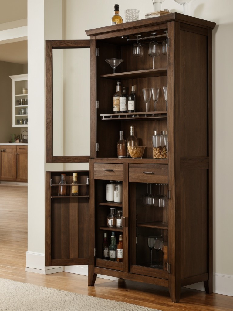 Incorporate a multipurpose bar cabinet into your apartment's design by choosing a piece of furniture with ample storage for both bar essentials and everyday items.