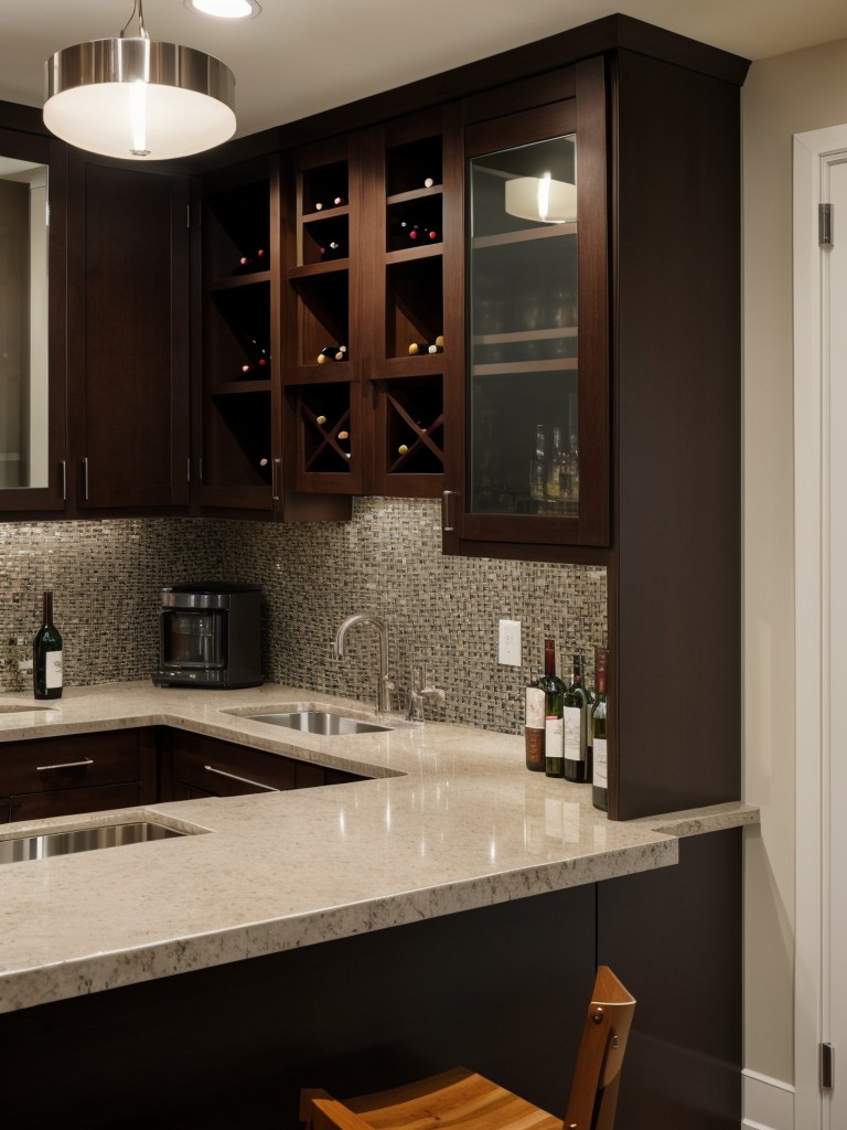 Incorporate a small bar counter with built-in wine storage and a mirrored backsplash to create an elegant and functional space for entertaining in your apartment.