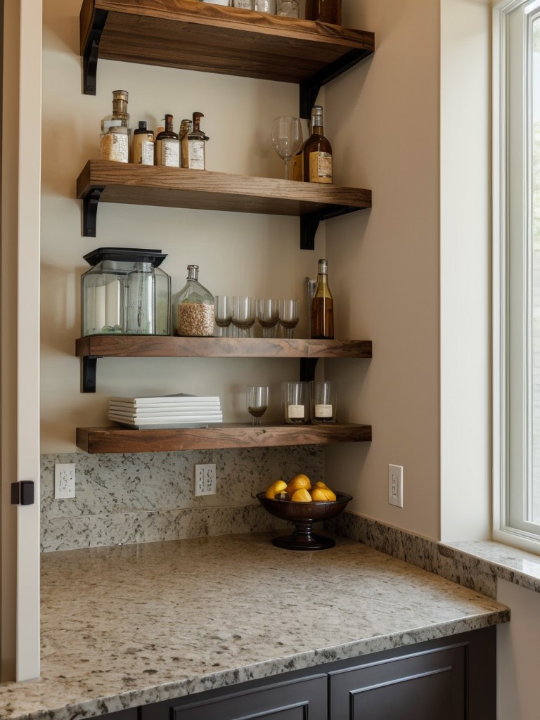 Install a small built-in bar nook with floating shelves and a granite countertop in your apartment to achieve a sophisticated and seamless look.