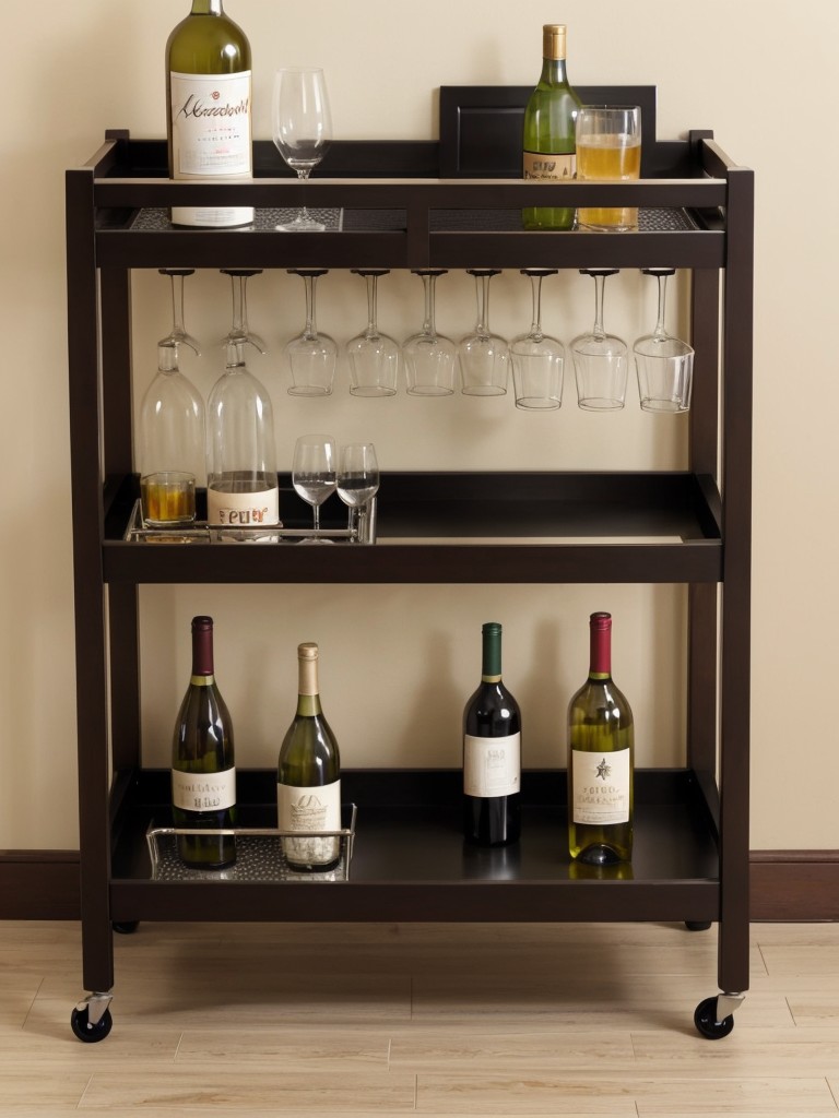 Keep your apartment organized and stylish by using a wall-mounted wine rack combined with a small bar cart to efficiently display and serve your favorite drinks.