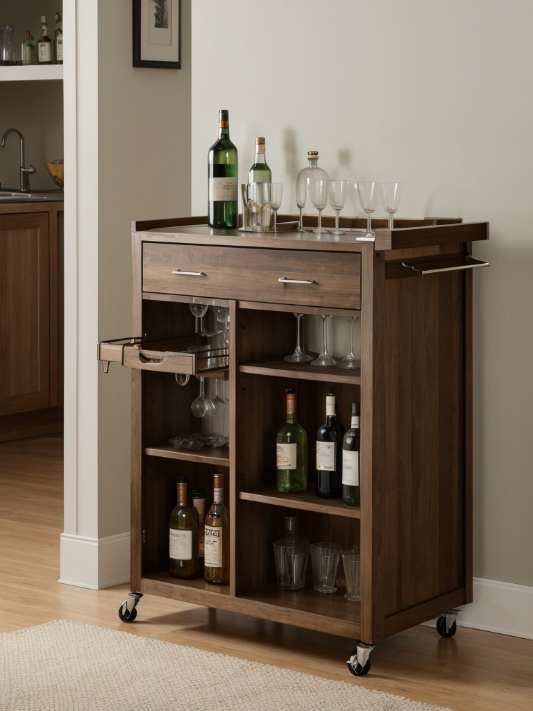 Maximize functionality in your small apartment by integrating a bar cart with built-in storage compartments for bottles, glasses, and bar tools.