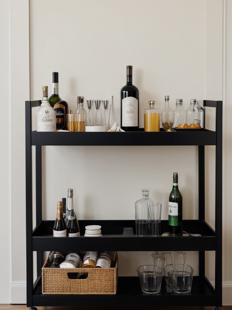 Opt for a minimalistic approach to your apartment's mini bar by using a simple bar cart, sleek black shelves, and a monochromatic color scheme for a sophisticated and streamlined look.