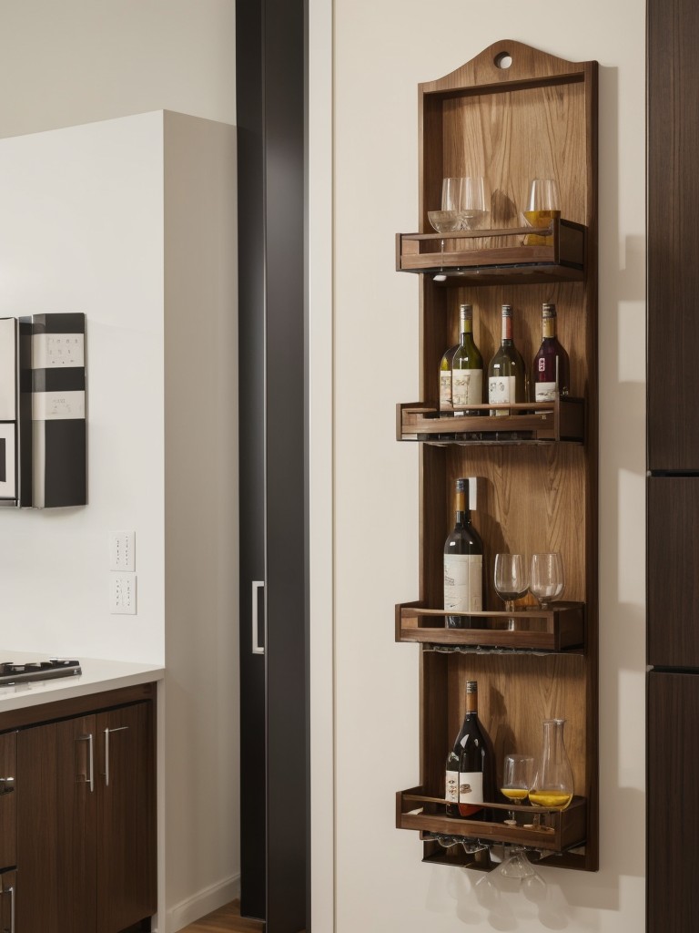 Optimize your apartment's vertical space by installing a hanging wine glass rack and open shelving for your favorite beverages, adding a modern and space-saving mini bar solution.