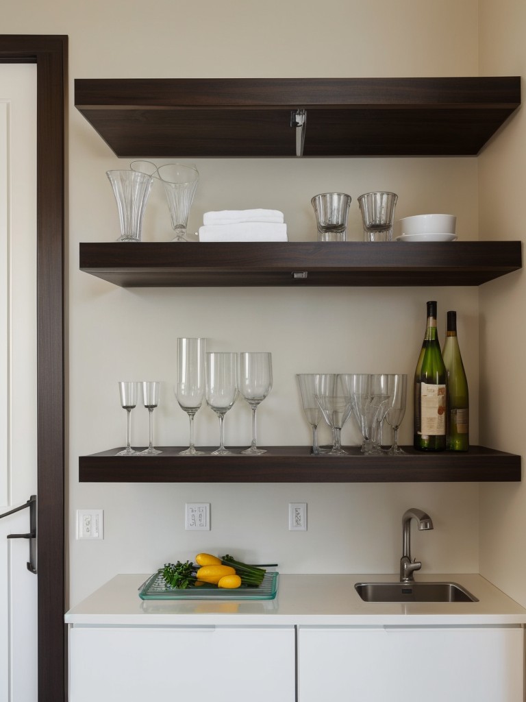 Take advantage of unused wall space in your apartment by installing a floating bar shelf with glassware storage underneath for a sleek and practical mini bar design.