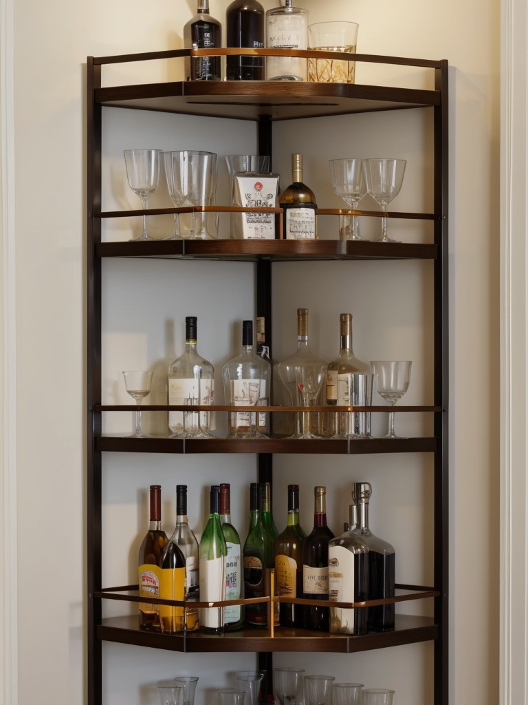 Transform a corner of your apartment into a stylish mini bar by using a compact bar cart and hanging shelves for your glassware.