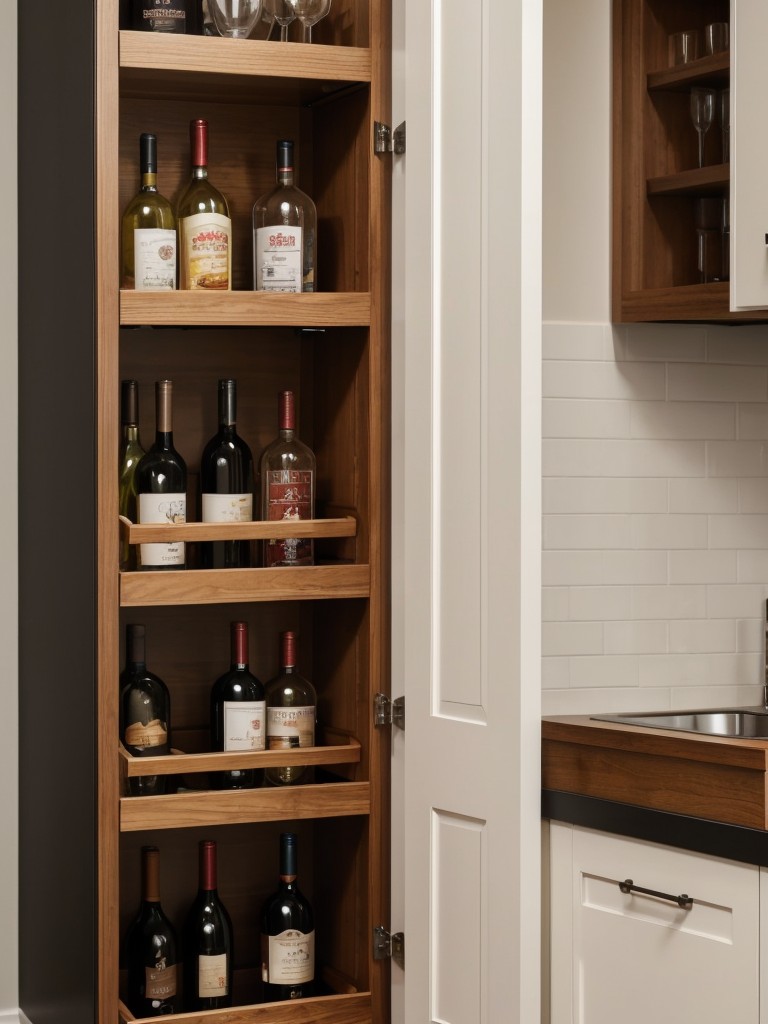 Transform a narrow space in your apartment into a cozy mini bar by installing floating shelves, a wine rack, and a small counter with built-in storage for an efficient and stylish arrangement.