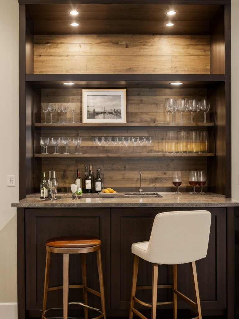 Utilize a designated bar area in your apartment by installing a small wine fridge, open shelving for glasses, and a stylish bar stool for a comfortable and functional space.