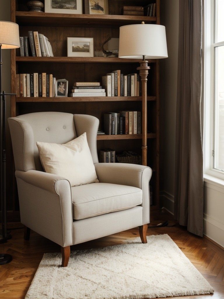 Create a cozy reading nook by incorporating a comfortable armchair, a floor lamp, and a bookshelf for a small apartment.