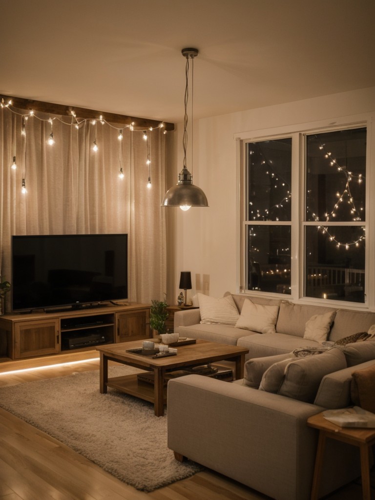 Experiment with different lighting options, such as pendant lights or string lights, to create a cozy and inviting atmosphere in your apartment.