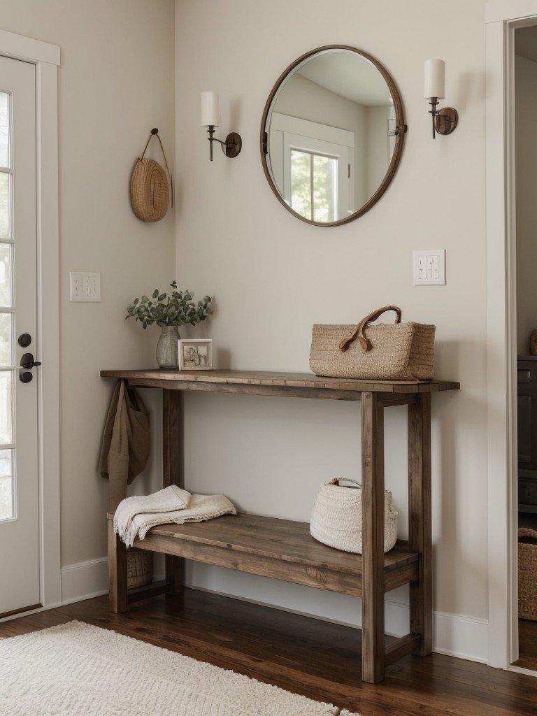 Incorporate a cozy and inviting entryway by adding a stylish console table, a wall mirror, and a bench or hooks for hanging coats and bags.