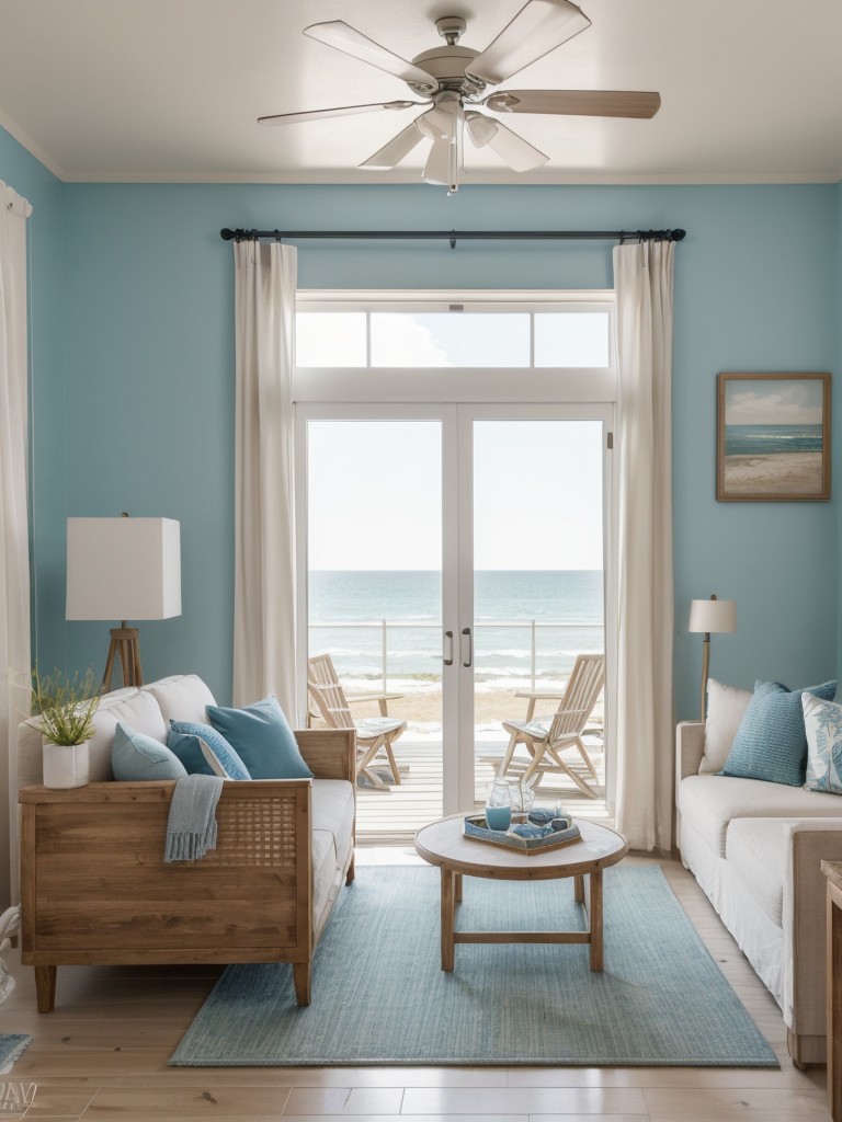 Create a mini model of a vacant apartment that embraces a coastal-inspired theme, using light colors, natural materials, and nautical accessories for a breezy, beachy feel.