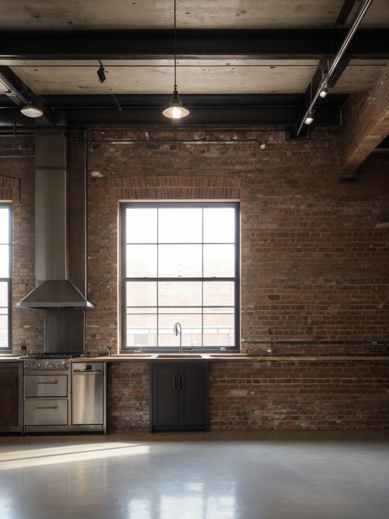 Create a mini model that celebrates the beauty of industrial design, incorporating exposed brick walls, metal finishes, and salvaged materials in a vacant apartment setup.