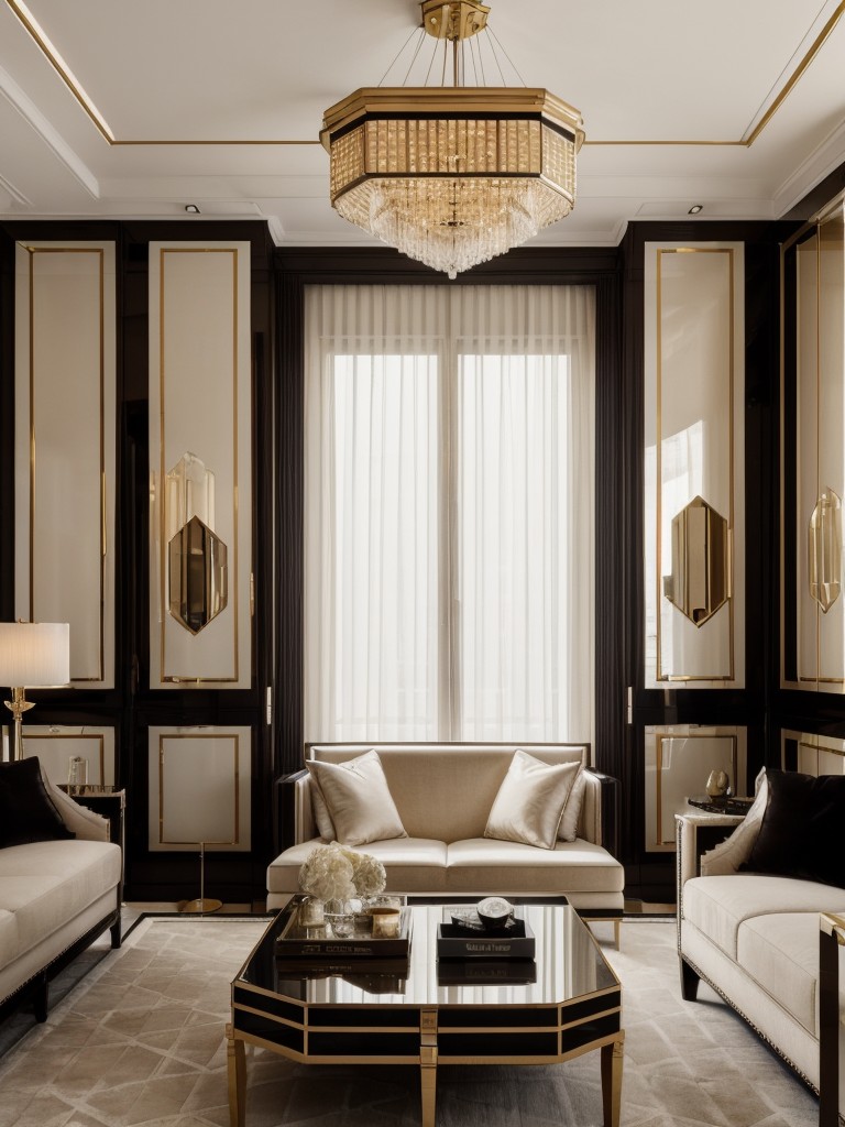 Art Deco-inspired apartment design ideas, bringing a touch of glamour and elegance through luxurious materials, geometric patterns, and dramatic lighting fixtures.