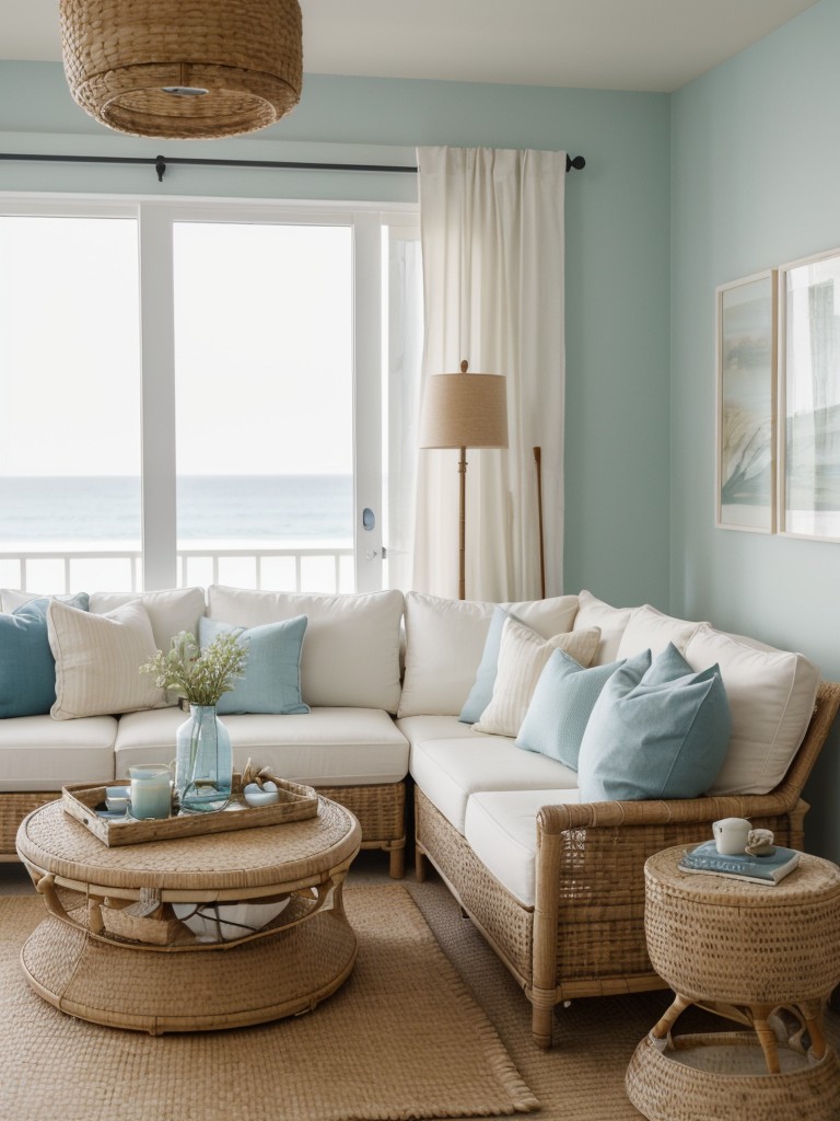 Coastal-inspired apartment decorating ideas, invoking a breezy, beachy vibe with light and airy color schemes, nautical accents, and natural materials like rattan and driftwood.