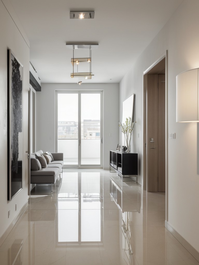 Contemporary apartment design ideas with a focus on sleek and polished surfaces, incorporating reflective materials, modern artwork, and statement lighting fixtures for a sophisticated look.